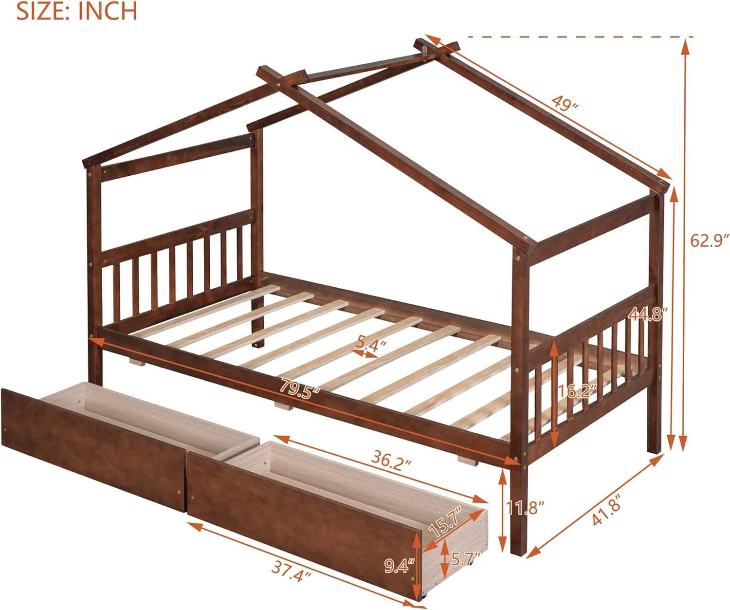 Size House Bed With Drawers, Wooden Platform Bed Frame With Headboard And Footboard, Roof Design, For Guest Room/Living Room, Walnut