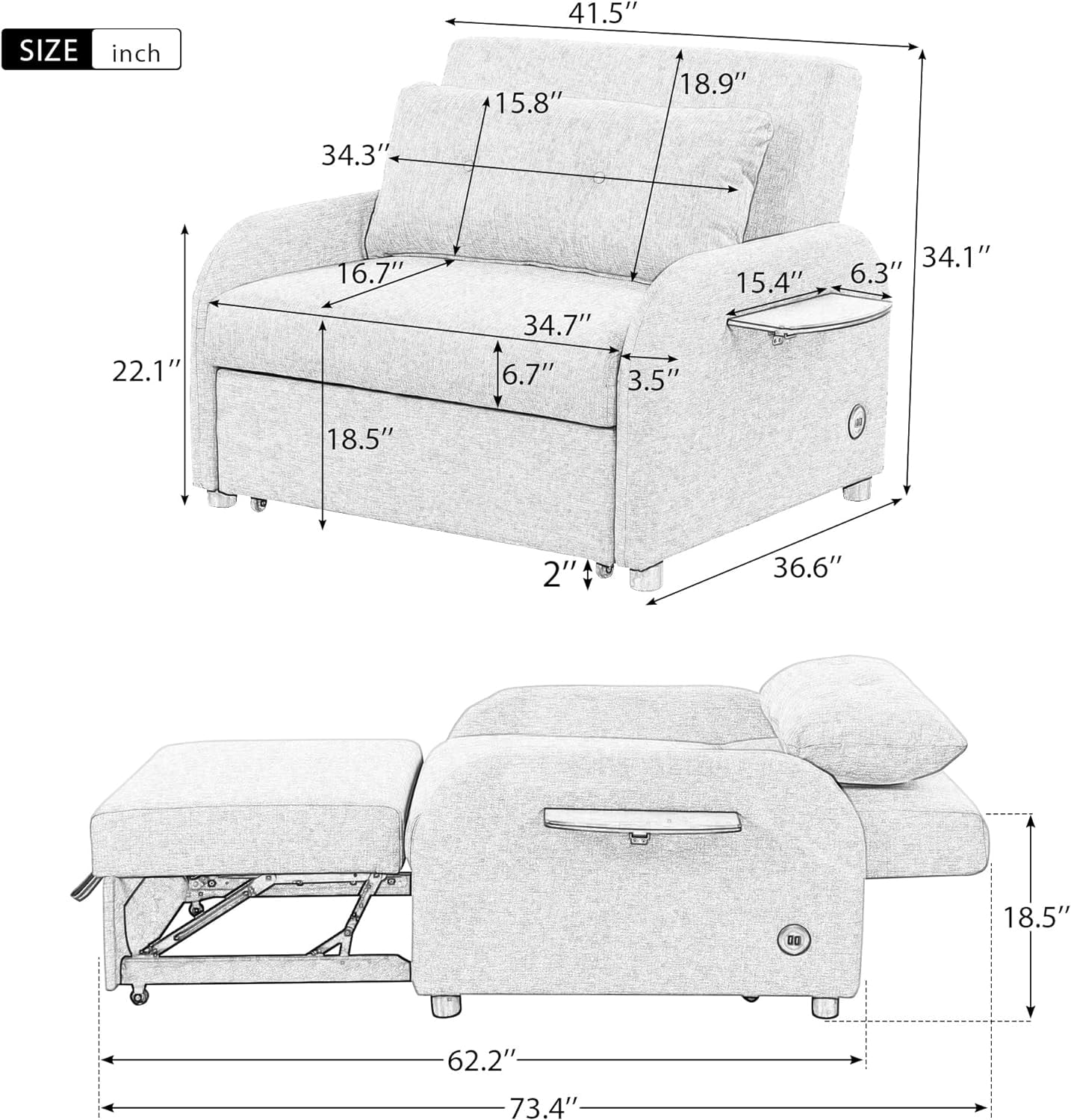 Sleeper Chair Sofa Bed Pull Out Convertible Futon Chair 3 In 1 With USB Charging And 2 Wing Table Oversized Line Fabric Armchair With Adjustable Back For Living Room, Black