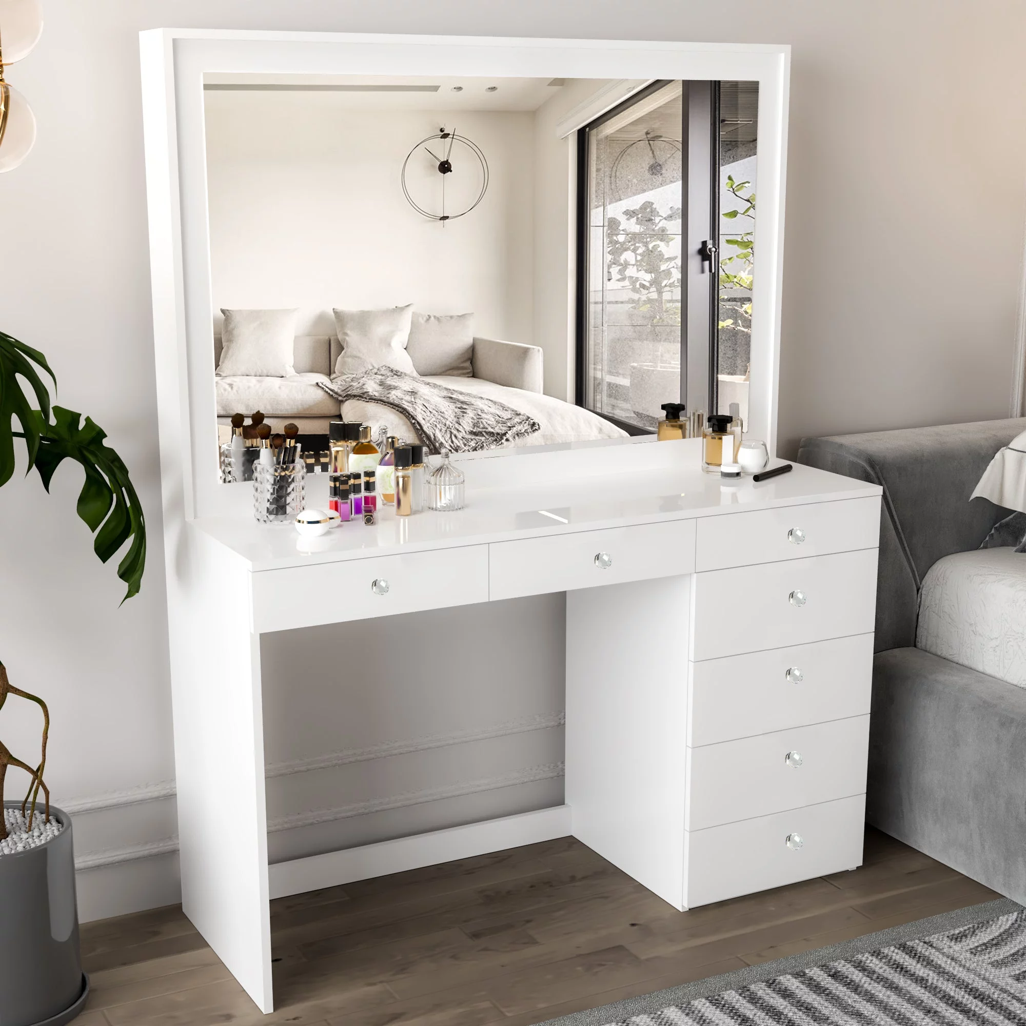 Boahaus Modern White Painted Makeup Vanity Table with Crystal Ball Knobs for Bedroom