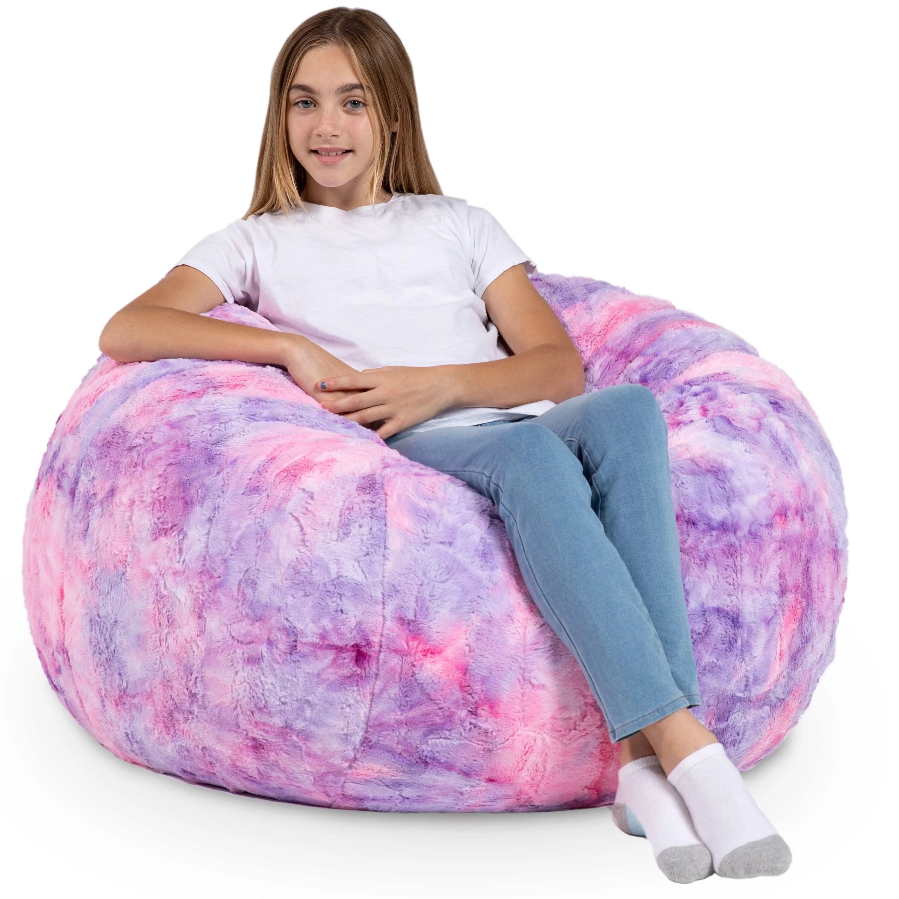 Jaxx Saxx 3 Foot Bean Bag Chair For Kids - Faux Fur - Fun Colors Unicorn Pink