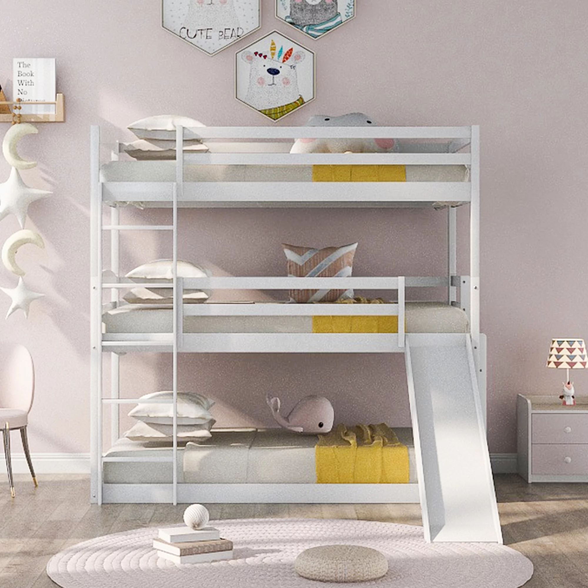 Euroco Wood Triple Bunk Bed with Ladder and Slide for Kids Room, White