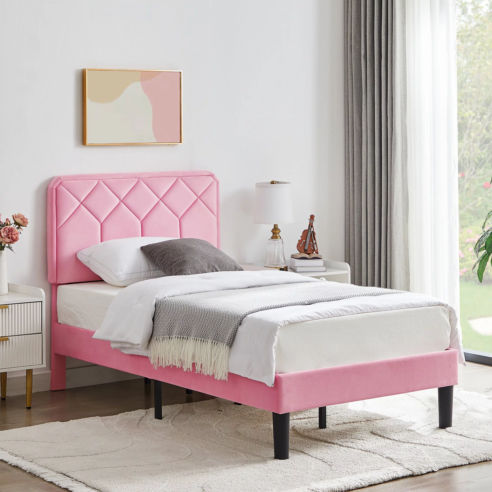 VECELO Twin Size Upholstered Platform Bed Frame with Modern Adjustable Headboard, Mattress Foundation/Wooden Slats Support, No Box Spring Needed, Pink
