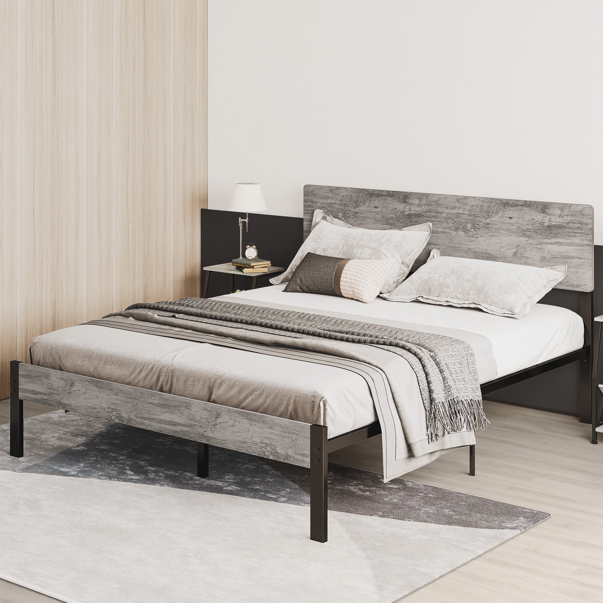 LIKIMIO Queen Platform Bed Frame with Headboard and Under-bed Storage Space, Industrial Grey