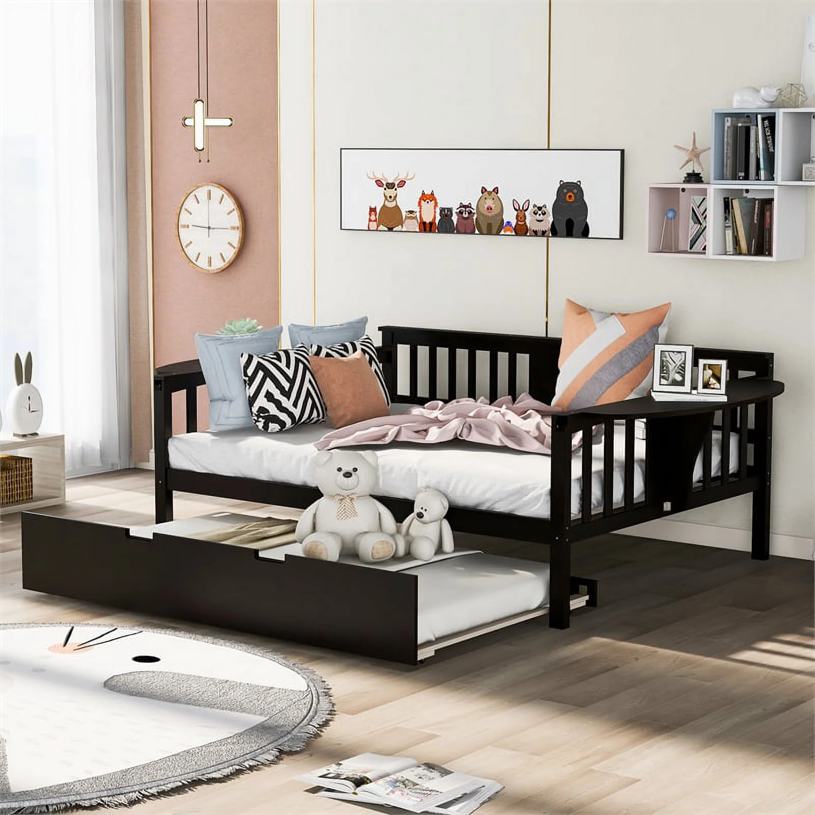 CRO Decor Full size Daybed with Twin size Trundle Wood Slat Support (Espresso)