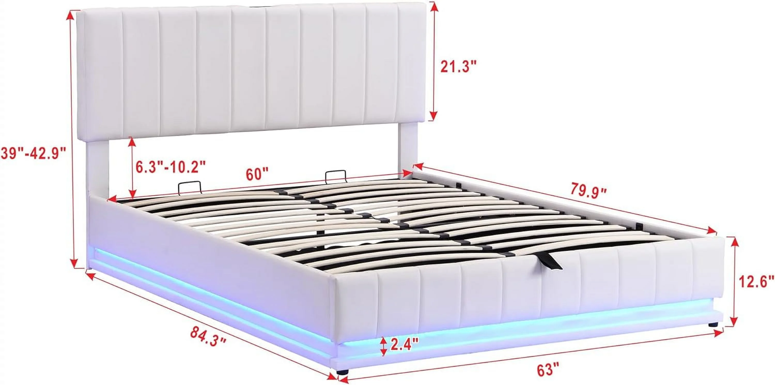 Upholstered Queen Lift Up Storage Bed Frame,Modern Queen Size Platform Bed With Sockets And USB Ports,Pu Leather Queen Bed With Storage And LED Light For Teens Adults,White