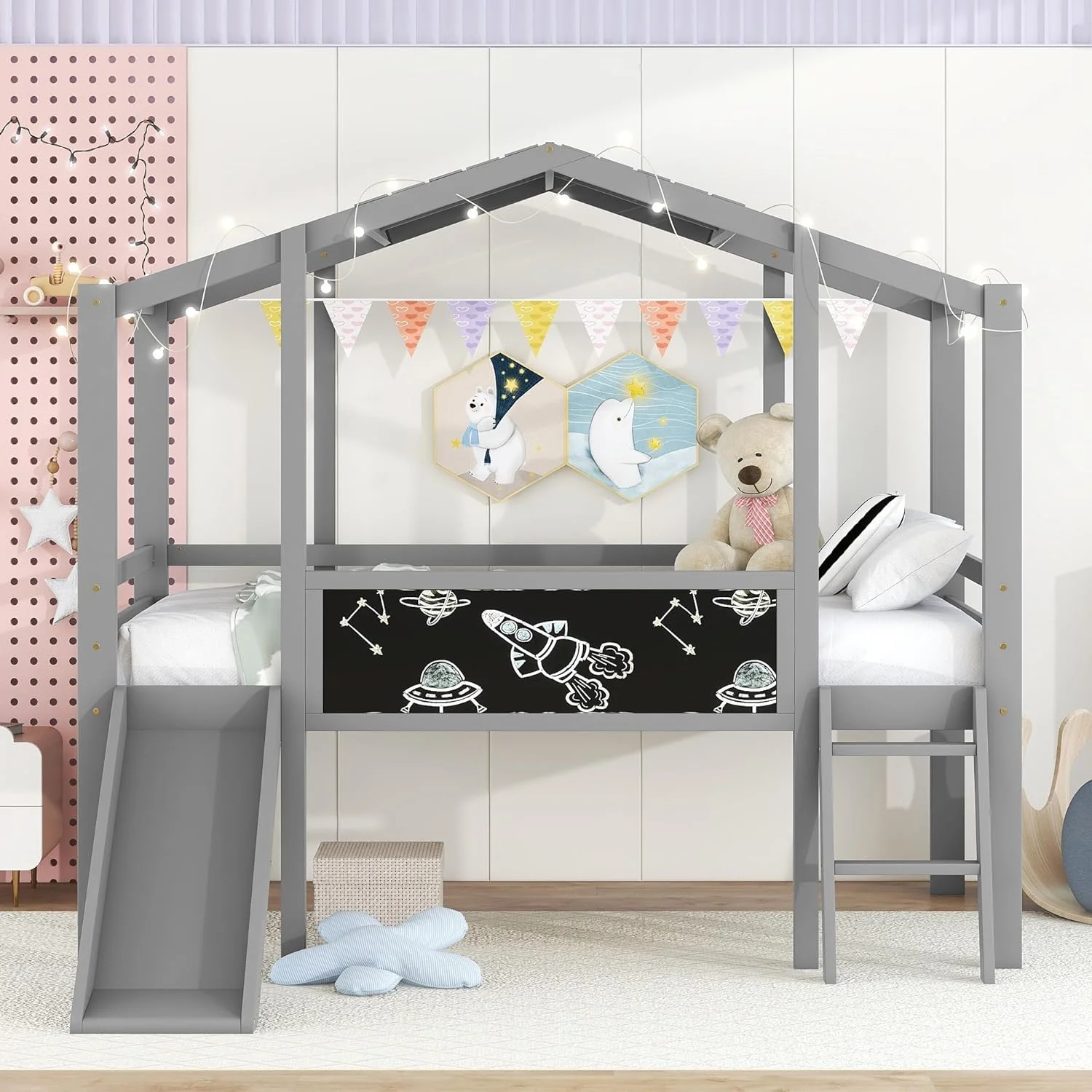 Size Loft Bed With Ladder Ad Slide, Wood House Bed Frame With Blackboard, Light O The Roof, Gray