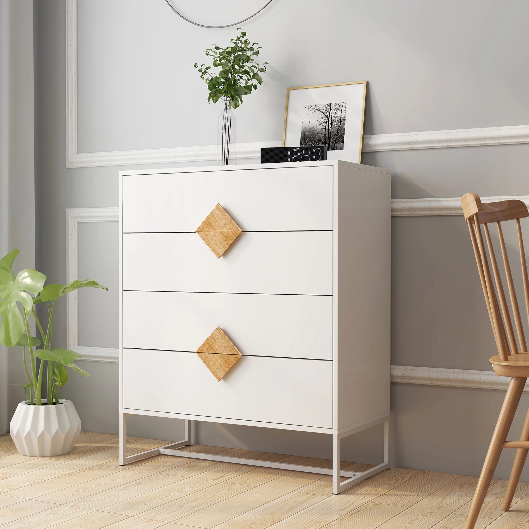 CoSoTower Solid Wood Special Shape Square Handle Design With 4 Drawers Bedroom Furniture Dressers