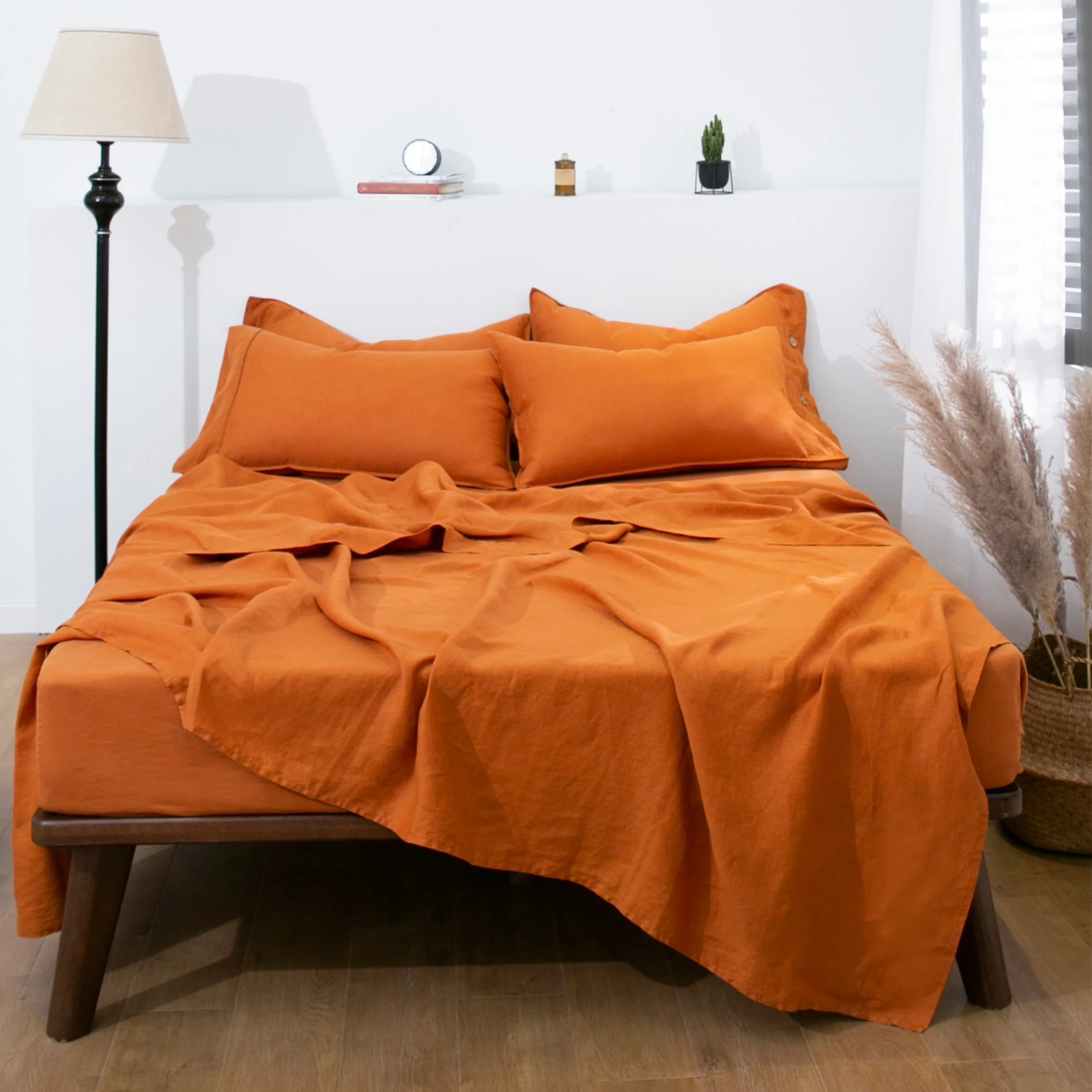 L Linen World 100% Linen Sheets Set King Size,French Linen from Normandy Bed Sheets Natural Flax Breathable Durable 4pcs Set-1 Flat Sheet,1 Deep Pocket Fitted Sheet,2 Pillowcases - (King, Amberglow)