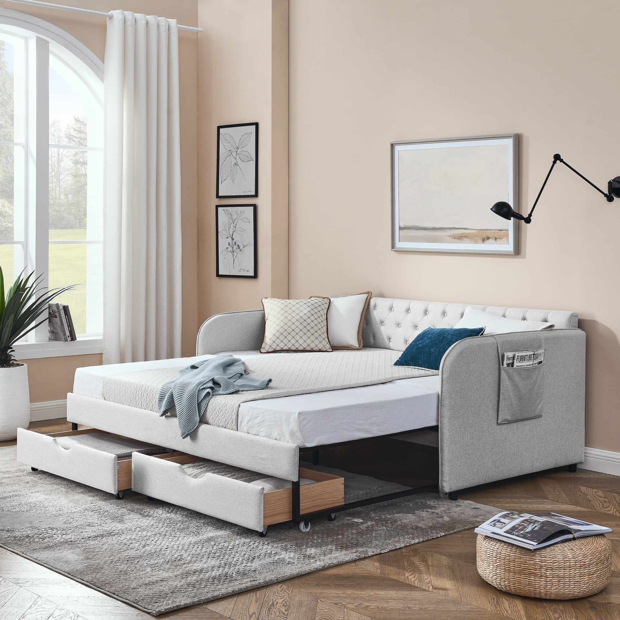 CoSoTower Twin Size Upholstery Daybed with Trundle Bed and Two Storage Drawers , Flat Arms with Pocket, Extendable Daybed for Bedroom Living Room,Linen Beige