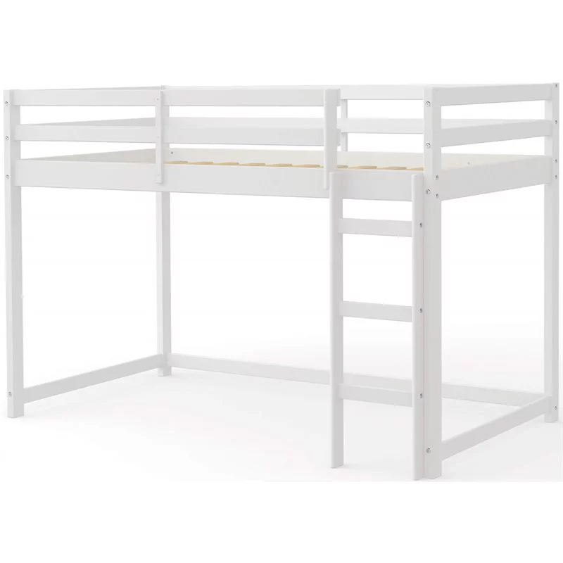 Eden Home Modern Solid Wood Twin Low Loft Bed with Upper Guardrails in White