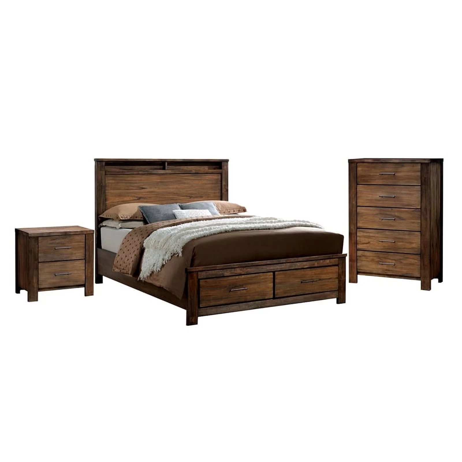 Pemberly Row 3pc Wood Queen Bedroom Set - Queen + Nightstand + Chest in Oak
