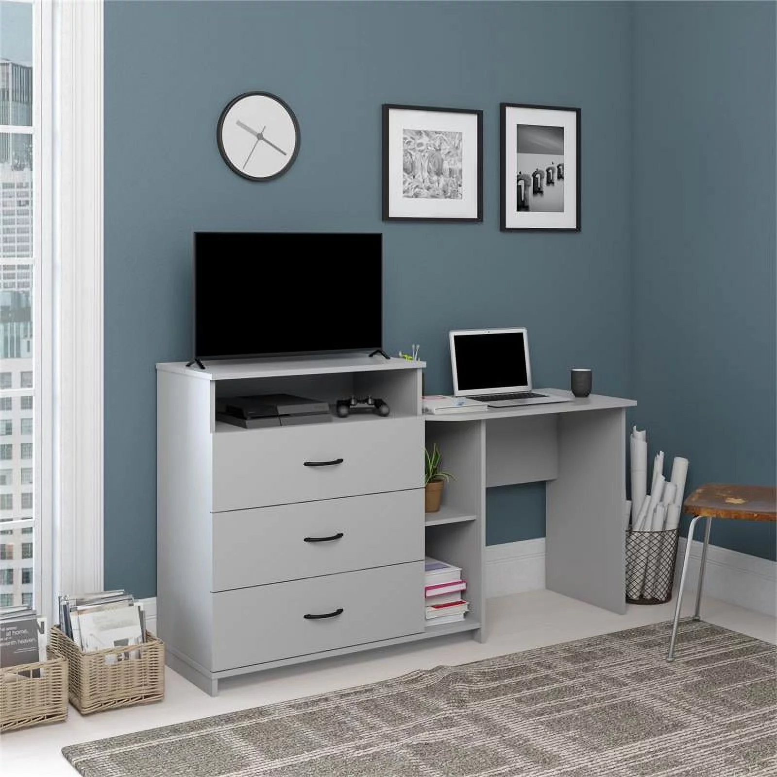 Bowery Hill 3 in 1 Media Dresser and Desk Combo in Dove Gray