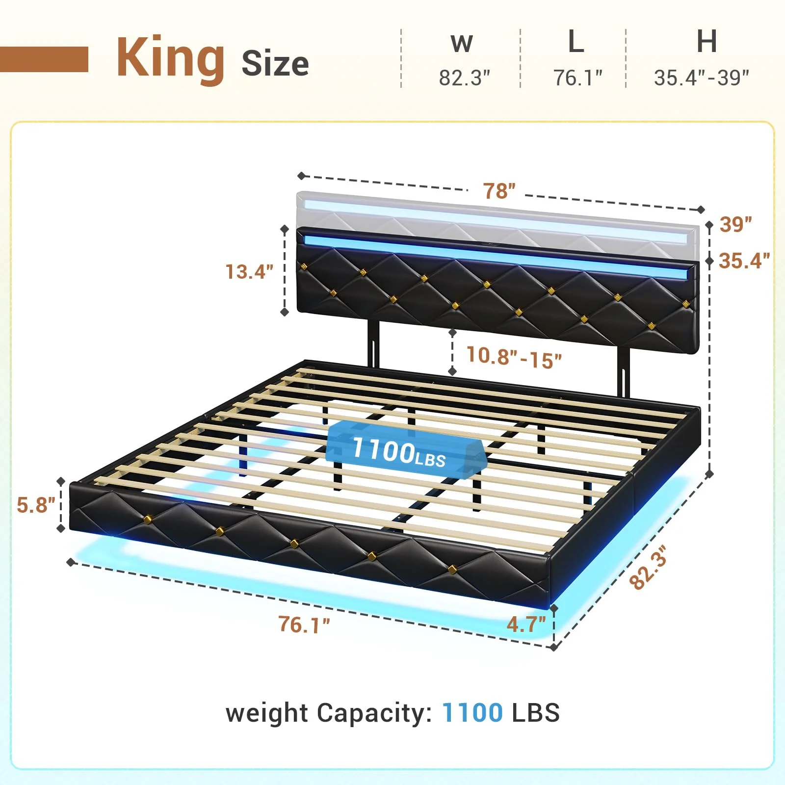 Floating King Size Bed Frame with LED Lights and Charging Station, Modern Platform Bed with Upholstered Headboard,Vegan Leather,Noise Free,Easy to Assemble