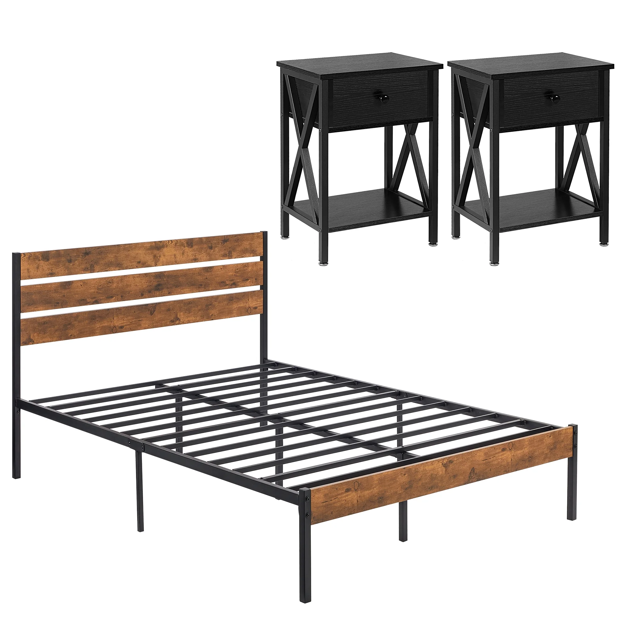VECELO 3-piece Bedroom Set, Metal & Wood Platform Bed with Set of 2 Nightstand, Full Size