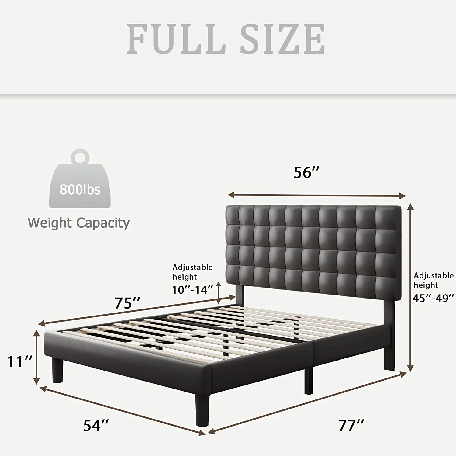 Size Platform Bed Frame  Faux Leather Upholstered Bed Frame with Square Tufted Headboard  Wood Slats Support  No Box Spring Needed  Easy Assembly  Grey