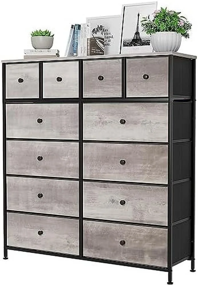 12-Drawer Dresser  Fabric  Tower w/Textured Print Fabric Bin  Tall Chest Organizer Unit for Bedroom  Living Room  Hallway  Nursery  Closet  Adjustable Feetpad  Wood Top  5-Layer OAK GREY