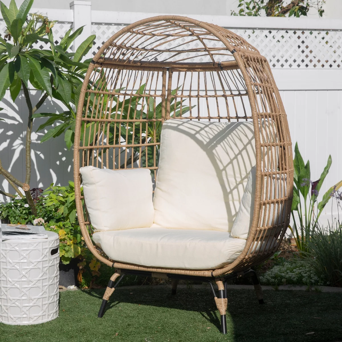 Barton Egg Chair Outdoor Indoor Wicker Oversized Lounger with Stand and Cushions Egg Basket Chair for Patio Backyard Porch, Beige/White