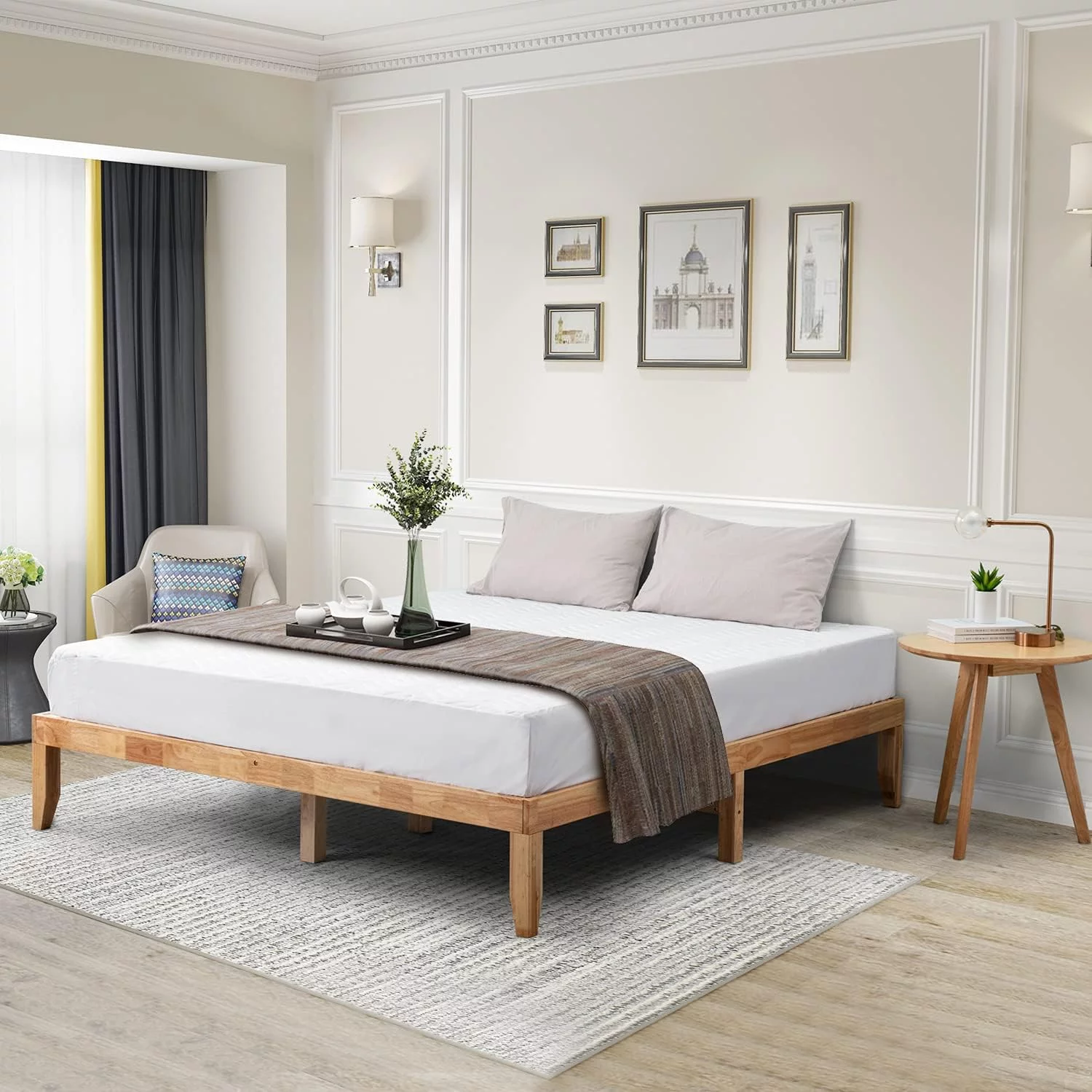 Wood Platform Bed Frame Solid Wood Foundation No Box Spring Needed Wooden Slat Support Oak Wood Natural Finish Home Bedroom Furniture Platform Base
