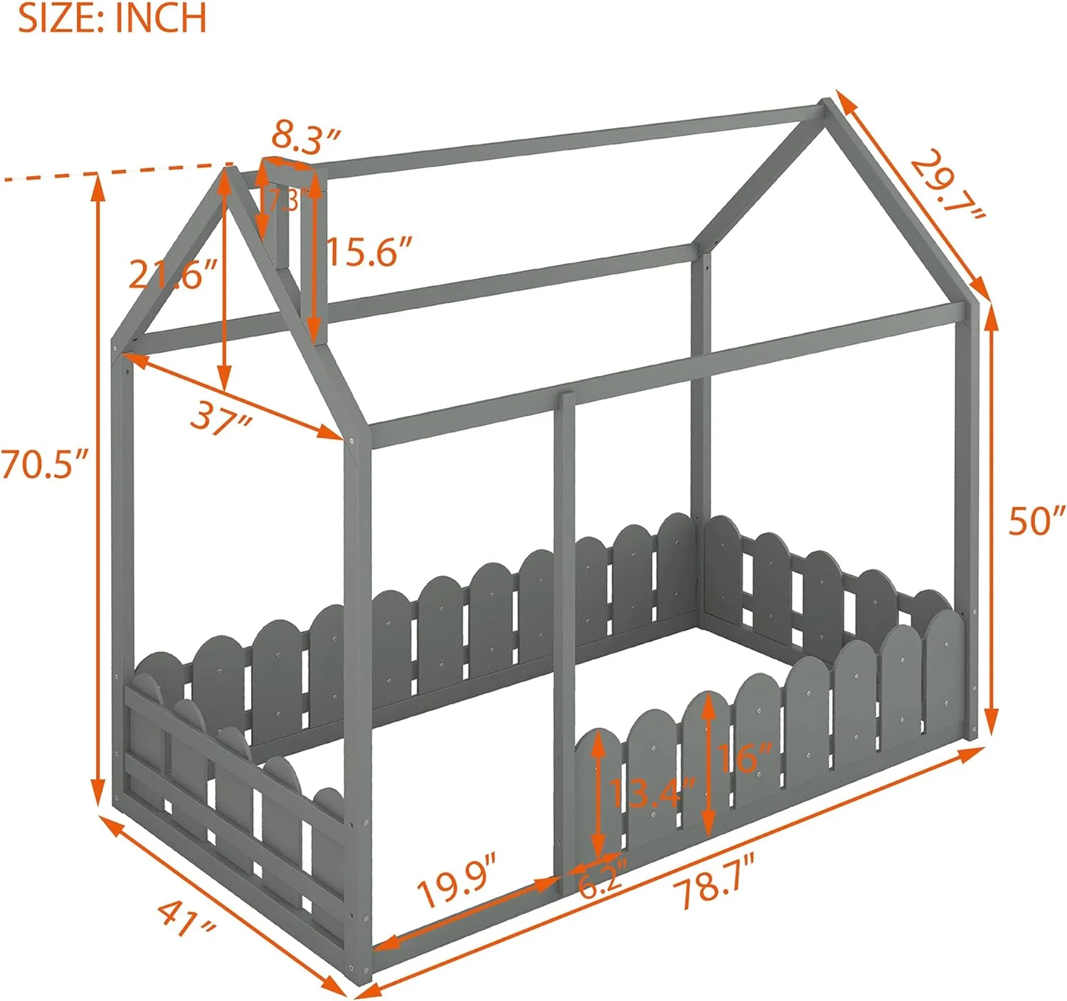 Size House Bed With Fence, House Floor Bed Frame With Roof And Chimney, Wooden Cabin Bed For Kids And Teens (Gray)