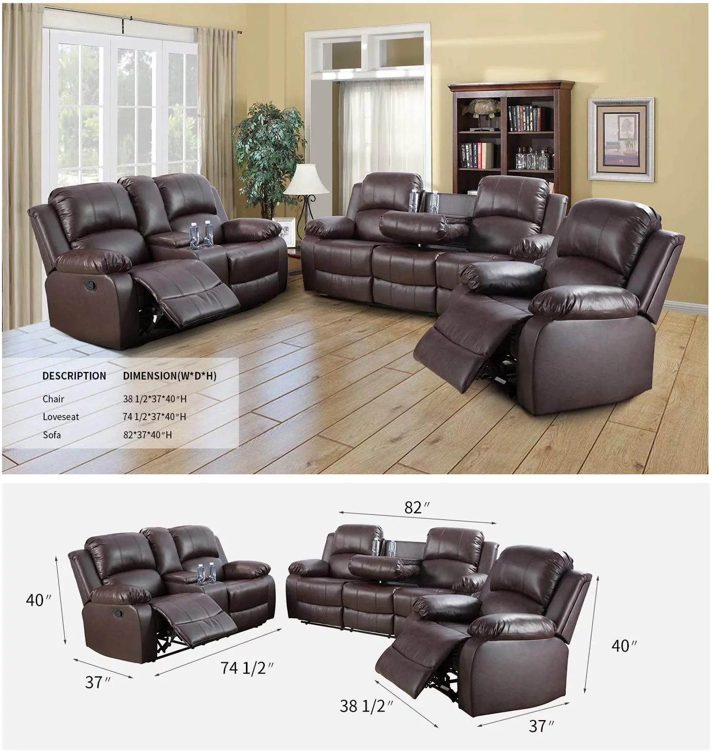2 Piece Leather Mannual Reclining Living Room Set Brown (Sofa & Loveseat)