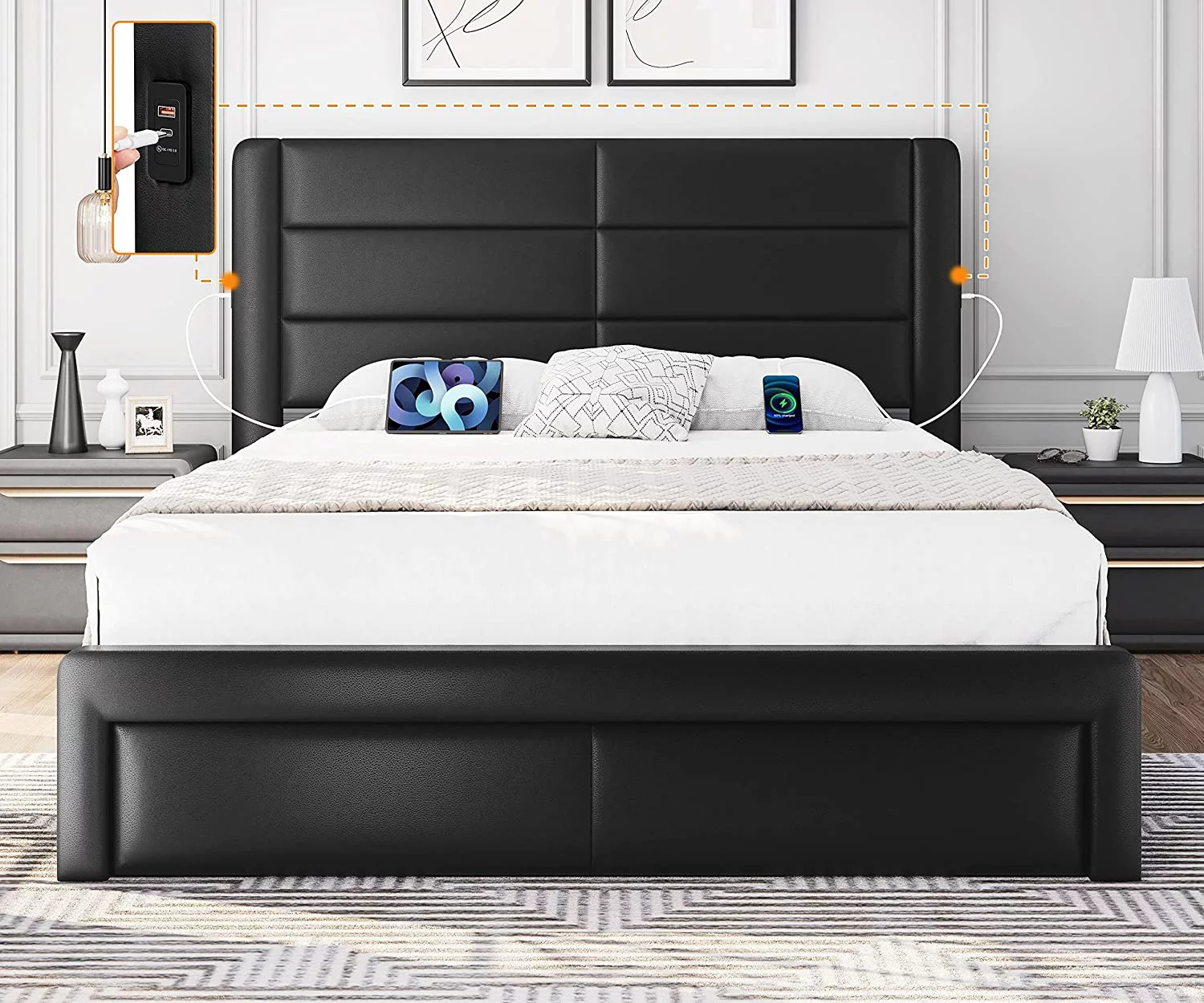 Queen Size Bed Frame with 2 USB Charging Station/Port for Type A&Type C/3 Storage Drawers, Leather Upholstered Platform Bed with Headboard/Solid Wood Slat Support/No Box Spring Needed/Black