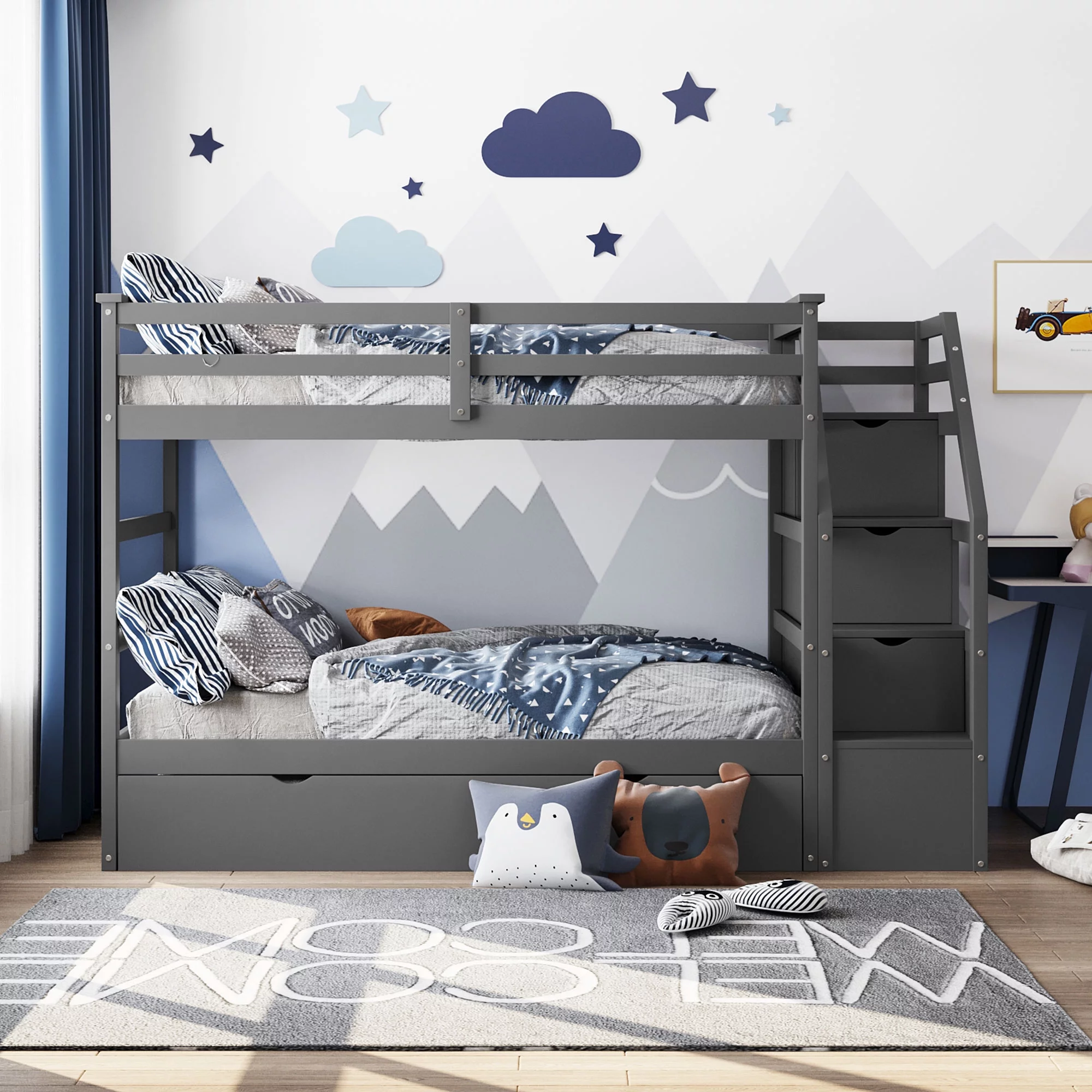 ikayaa Twin-Over-Twin Bunk Bed with Twin Size Trundle and 3 Storage Stairs,Gray,Multifunctional Trundle Bunk Bed with Stairs