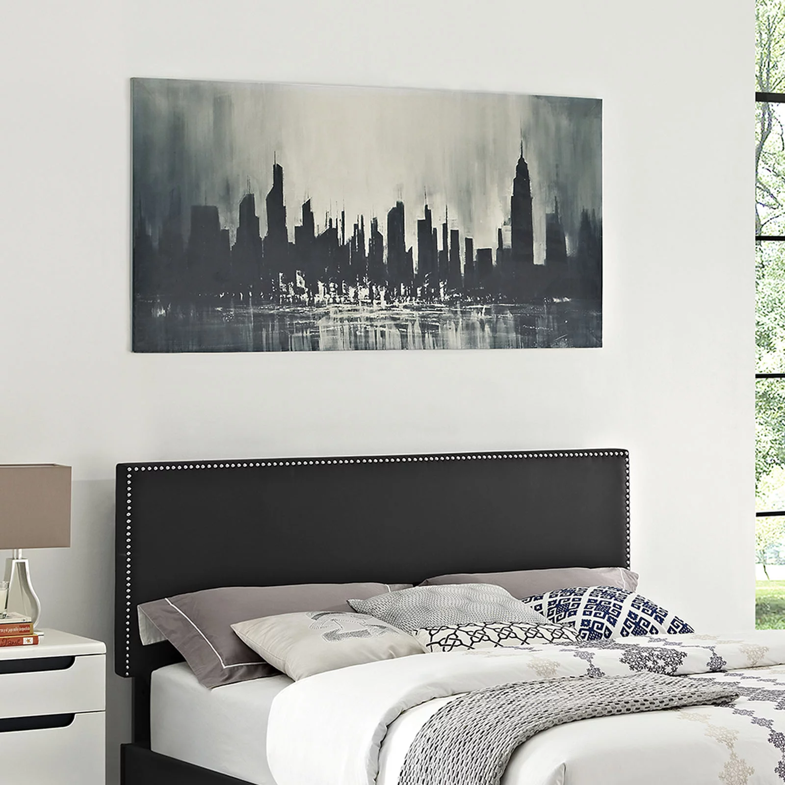 Modern Contemporary Urban Design Bedroom King Size Headboard, Black, Faux Leather Wood