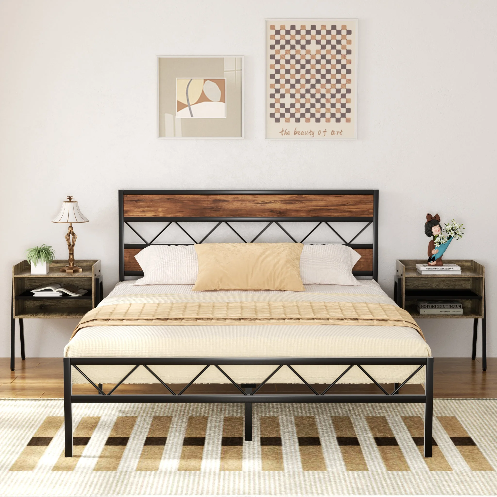 VECELO 3-Piece Bedroom Sets, Full Size Metal Bed Frame and 2 Gray Nightstands