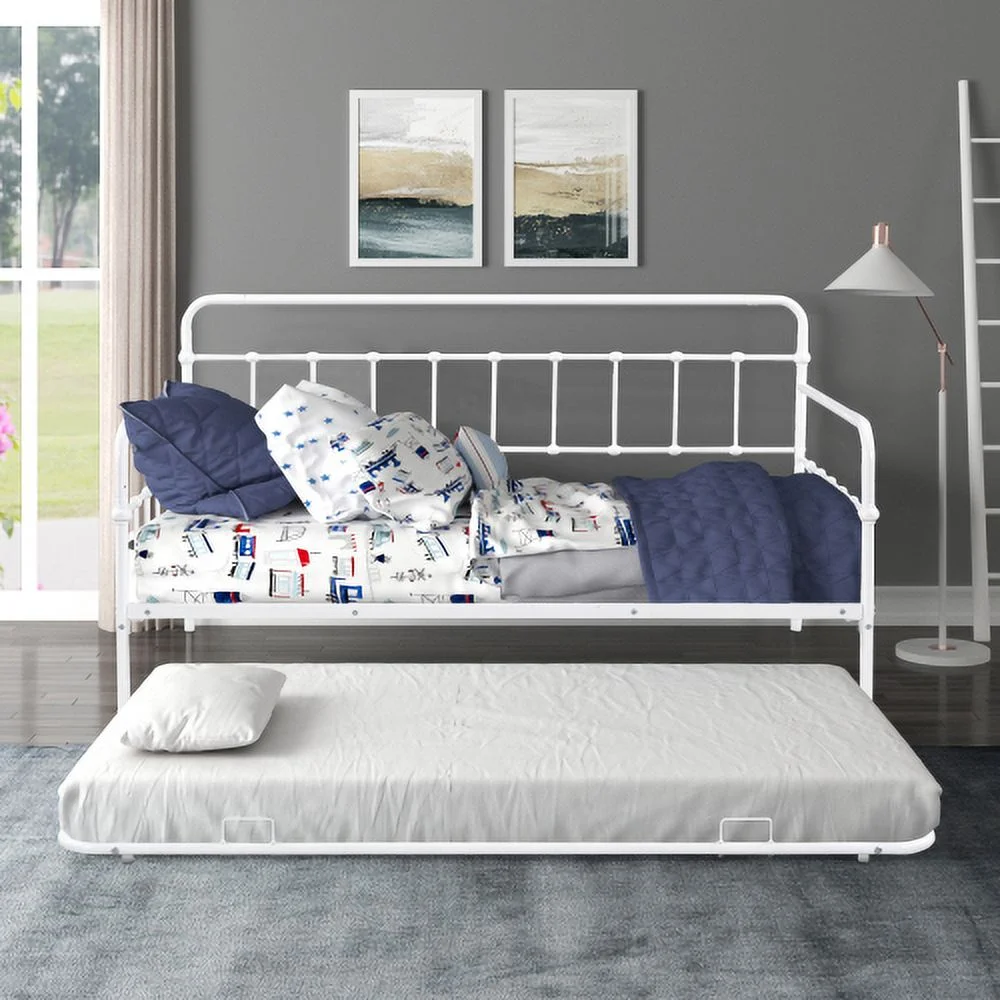 Metal Frame Daybed With Trundle - White