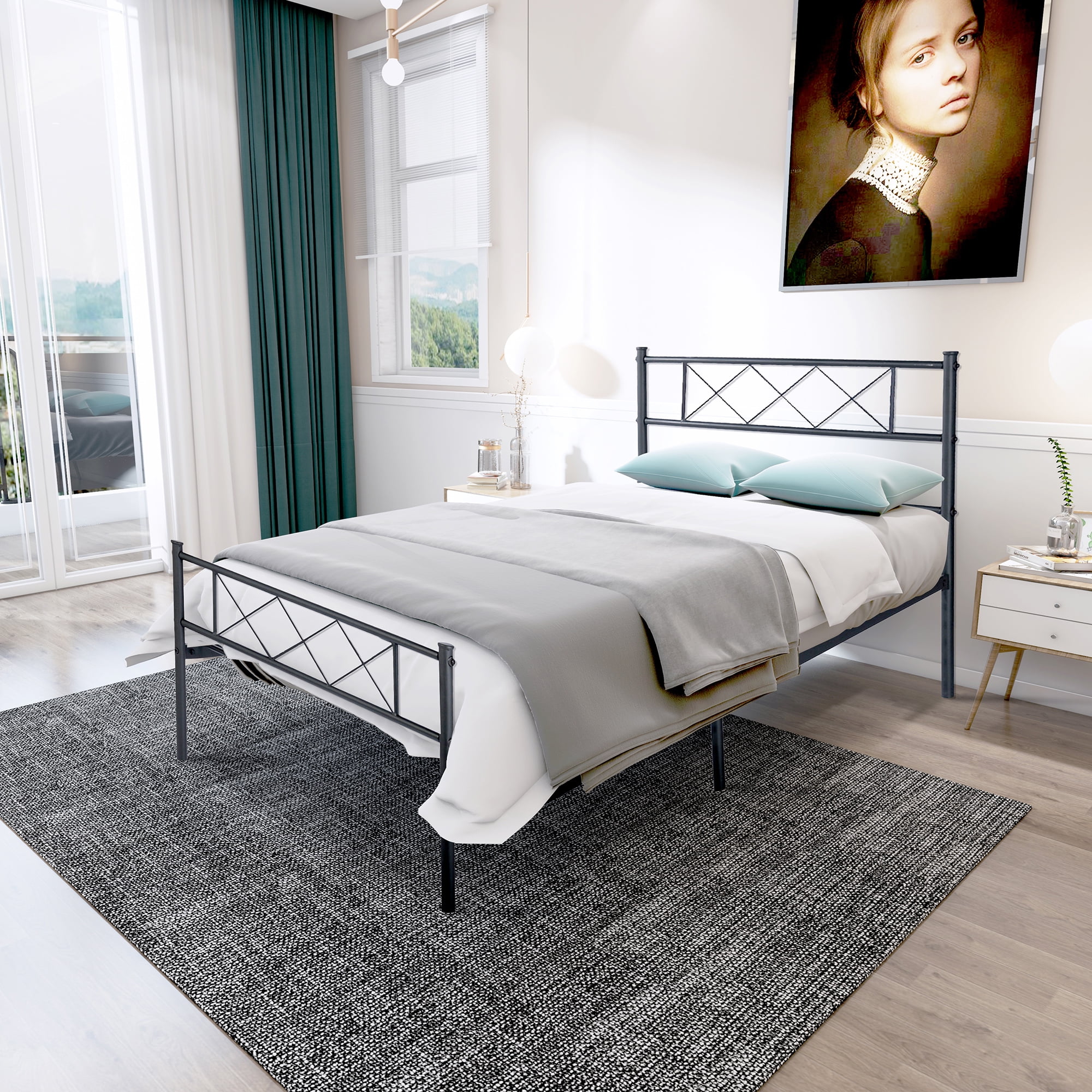 Twin size single metal bed frame in black color for adult and children used in bedroom or dormitory with large storage space under the bed