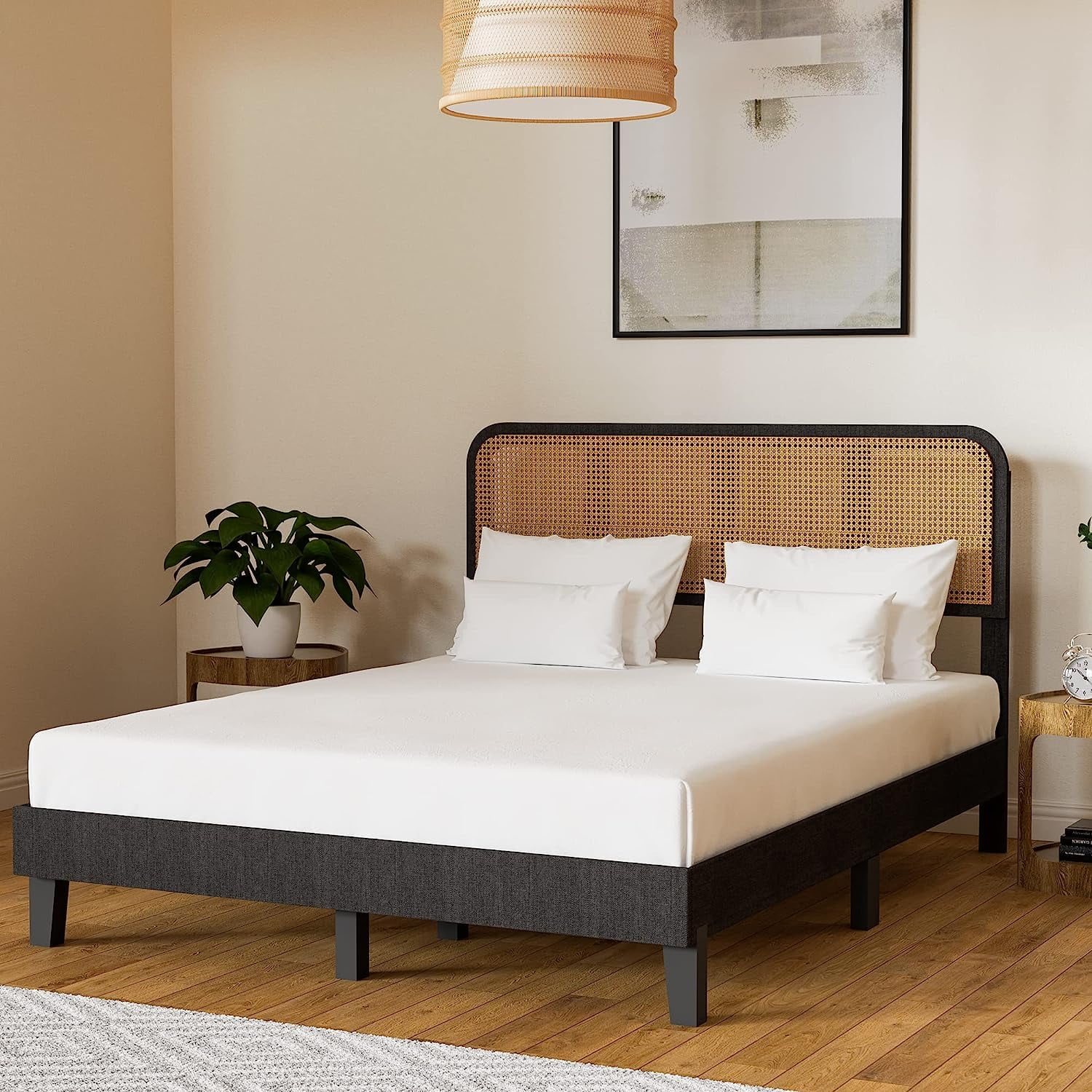 Popular Castle Rattan Wooden Platform Bed Frame with Adjustable Headboard and Wood Slat Support No Box Spring Needed Full Size Black