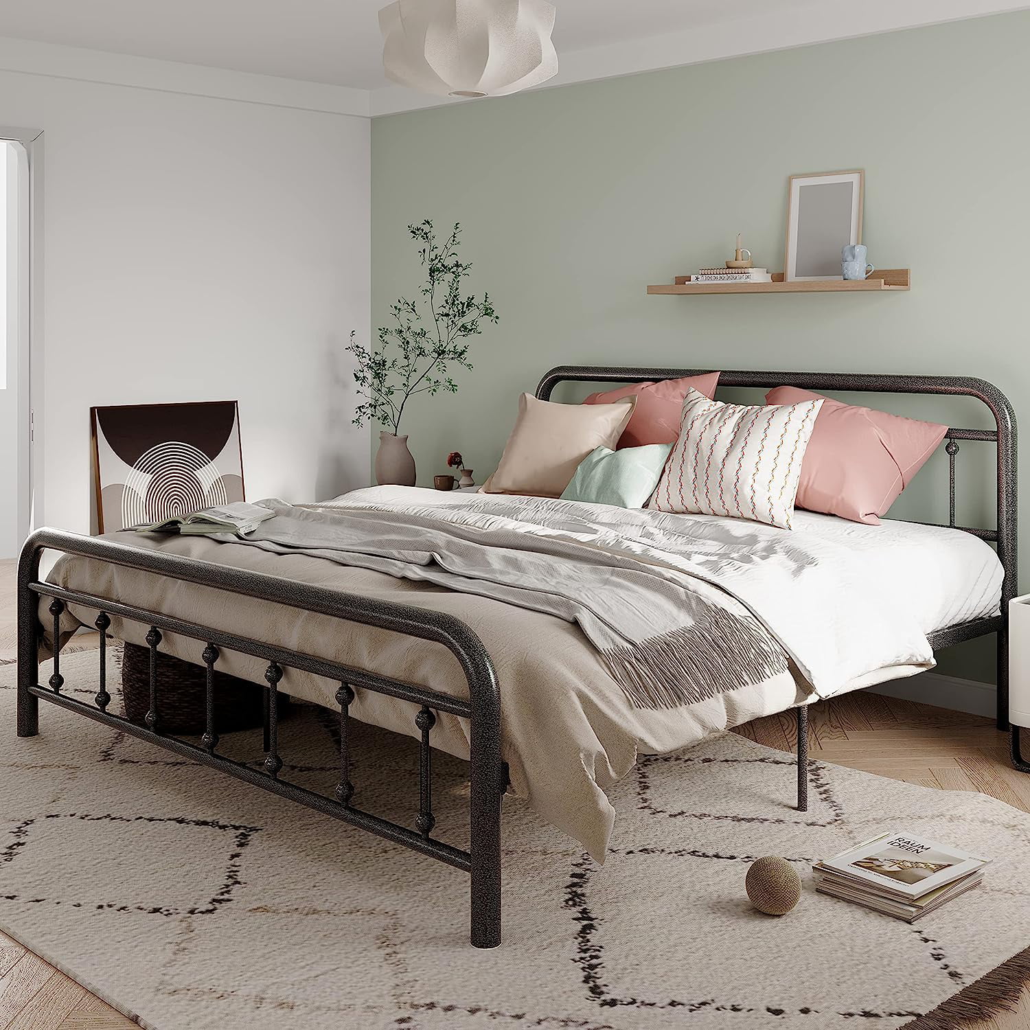 LIKIMIO King Metal Bed Frame Platform Bed Frame King with Headboard and Strong Support Frames Easy Assembly Noise-Free No Box Spring Needed Grey Black