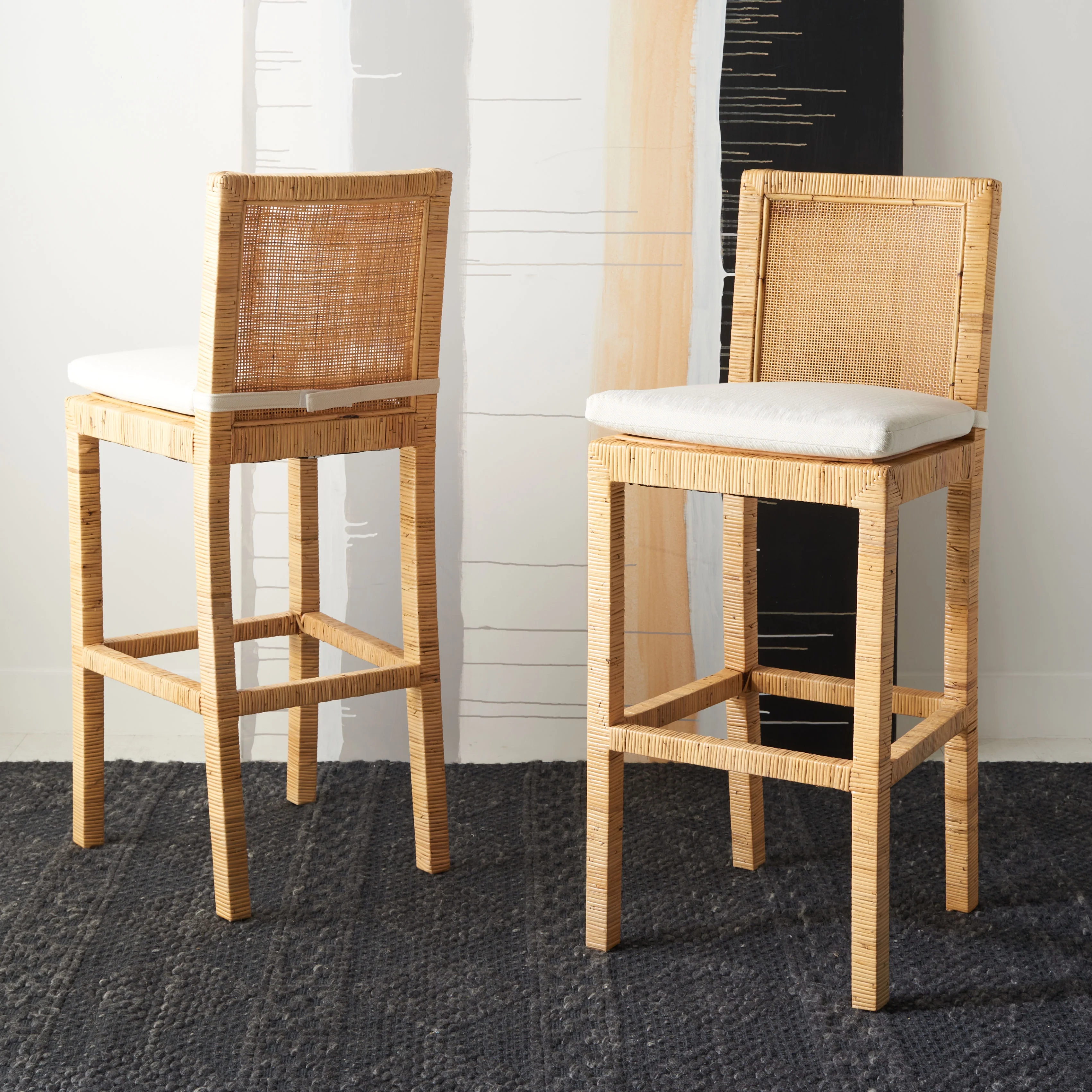 SAFAVIEH Tojo Cane Bar Stool with Cushion, Natural/White (22.6 in. W x 18.1 in. D x 44.5 in. H)