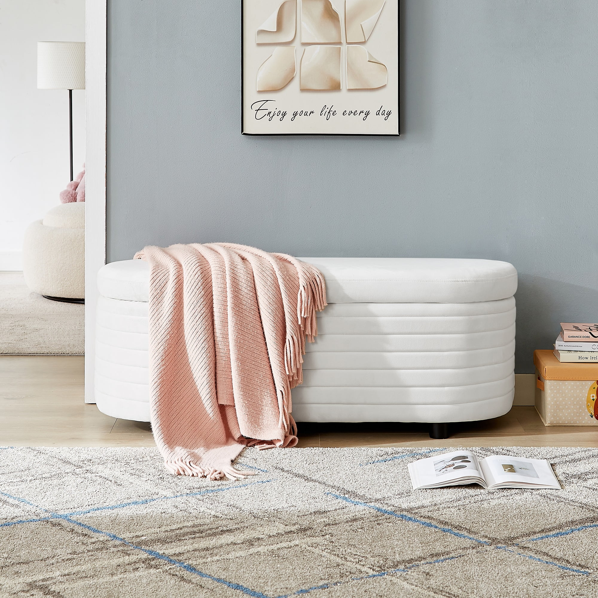 HUTWIFE Storage Ottoman, Upholstered Window Sitting Bench for Bedroom, Velvet End of Bed Bench Indoor, Livingroom, Entryway (White)
