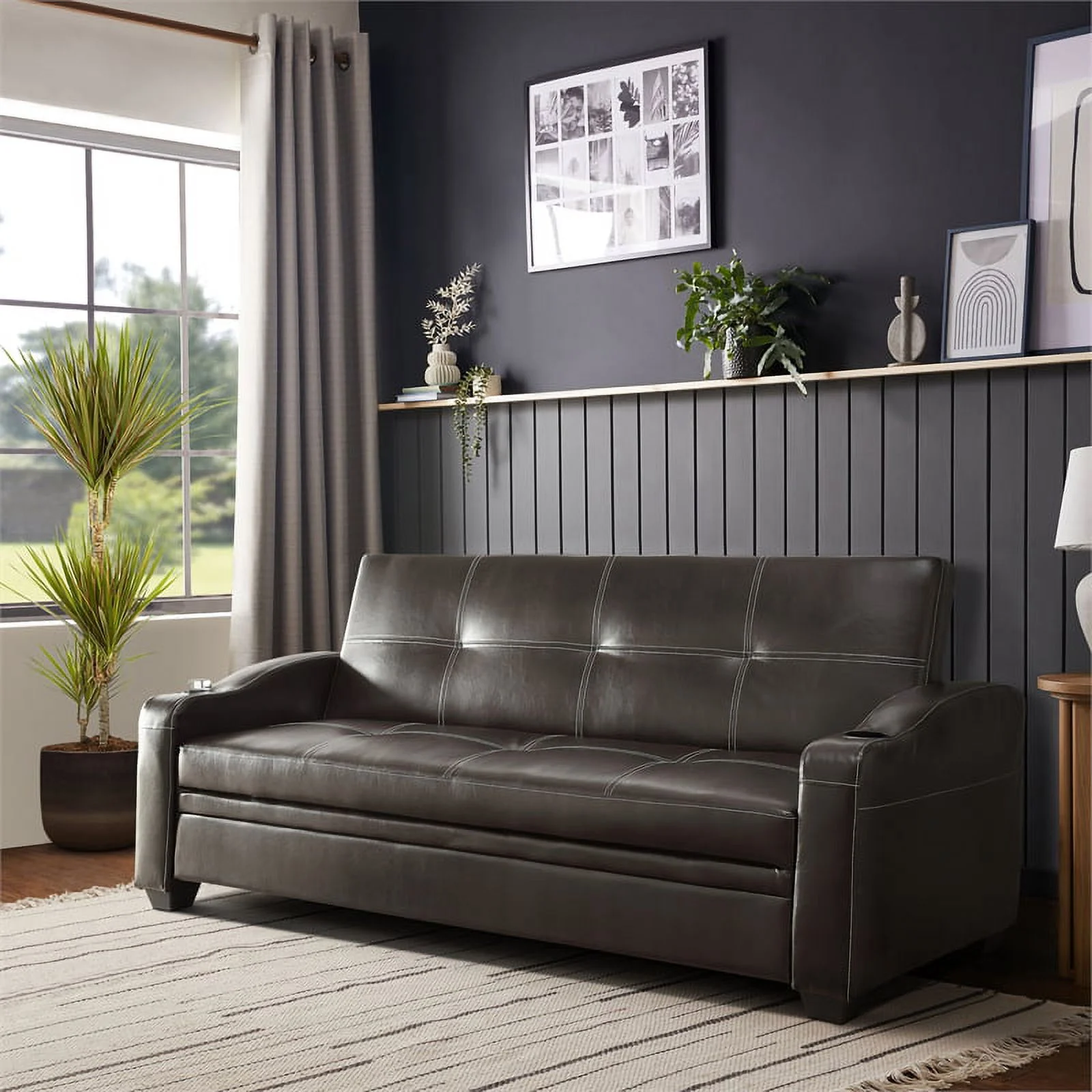Lexicon Caffery Contemporary Faux Leather Click-Clack Sleeper Sofa in Brown