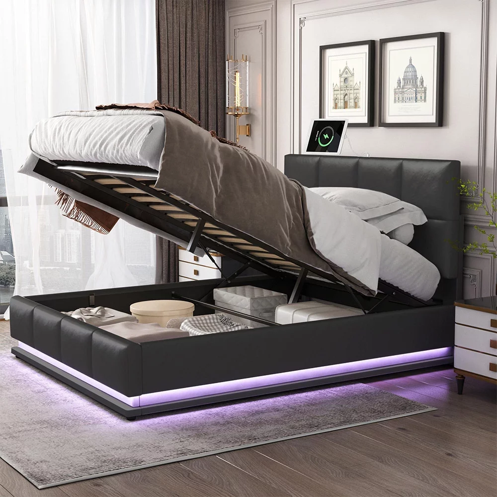 KISPATTI Gas Lift Upholstered Platform Bed with Storage Compartment and PU Leather Tufted Headboard, No Box Spring Needed, Queen, Black