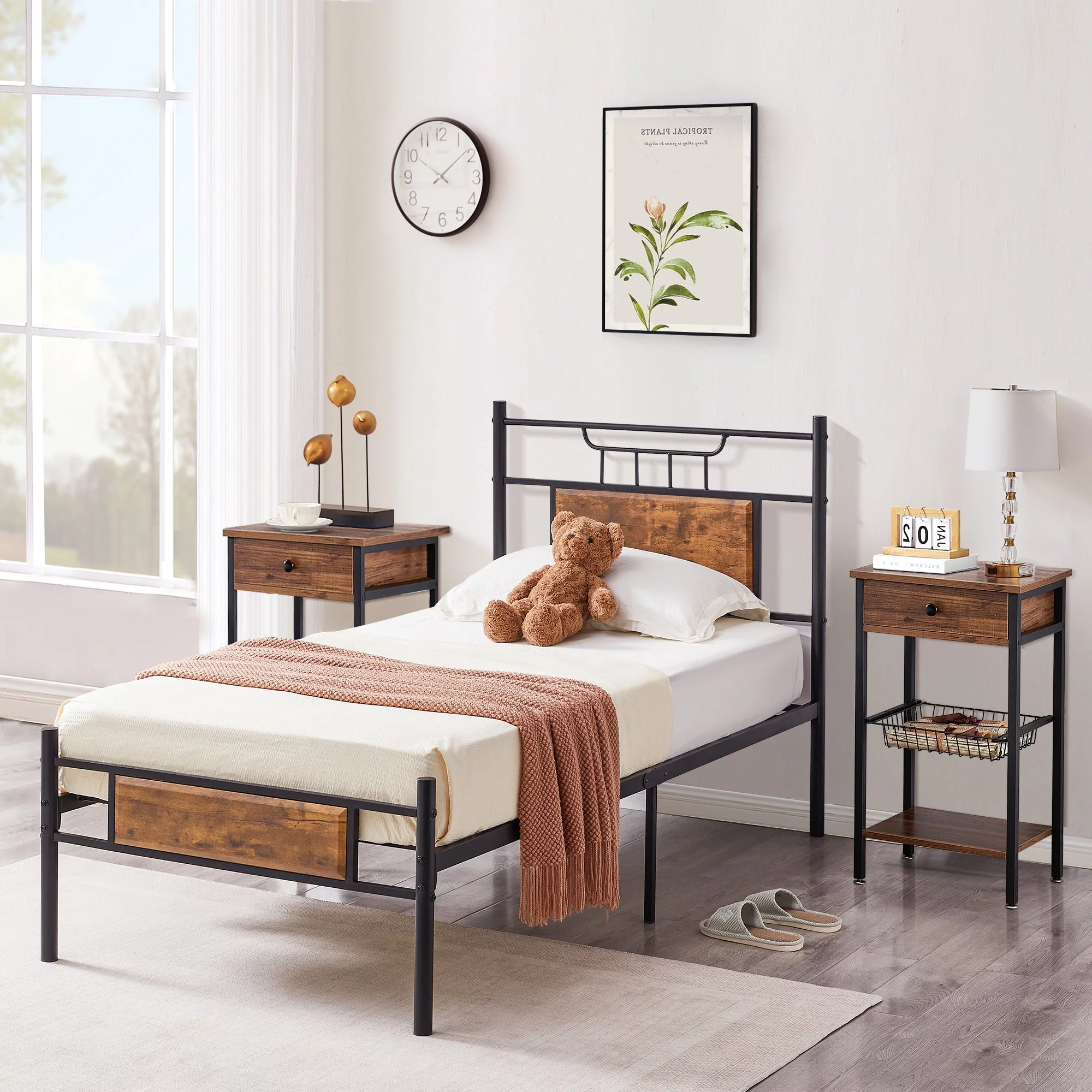 VECELO 3-Piece Bedroom Set with Twin Bed Frame and 2 Nightstand, Brown