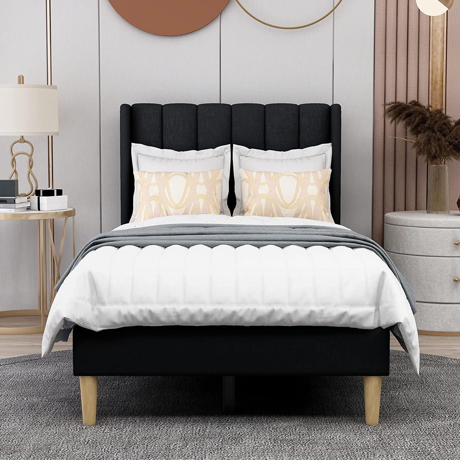 Upholstered Platform Bed Frame Twin Size with Headboard and Footboard/Wooden Slats Support/No Box Spring Needed/Easy Assembly Black Linen