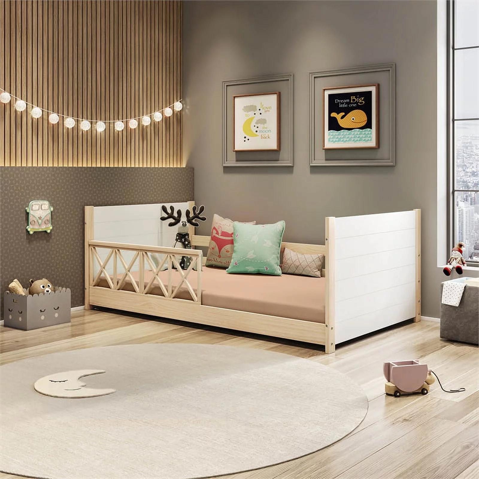 Pemberly Row Modern Solid Wood Twin Daybed with Double Guardrails in White/Oak