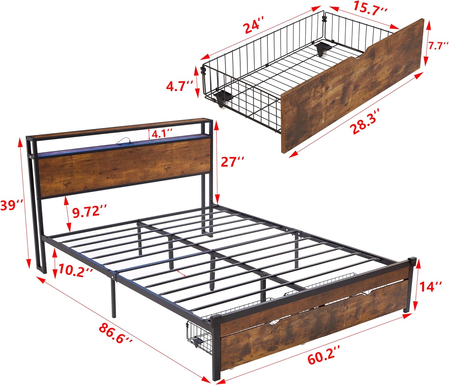 Bed Frame Full Size with 2 Drawers on Wheels, Storage Headboard, Lights, USB Ports & Outlets, Metal Platform Bed with Strong Slats Support Mattress Foundation No Box Spring Needed