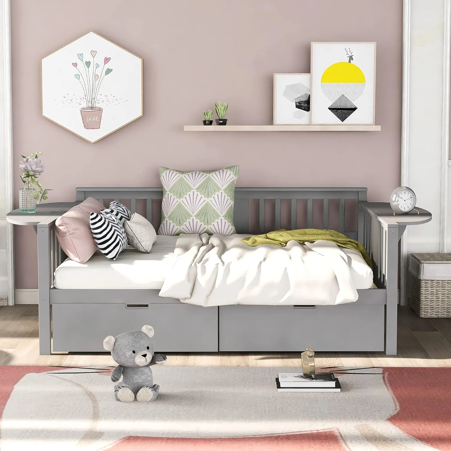 Full Size Solid Wood Daybed Full Size Bed Frame Mulifuncional Sofa Bed Wih wo Drawers For Bedroom Living Room,Grey