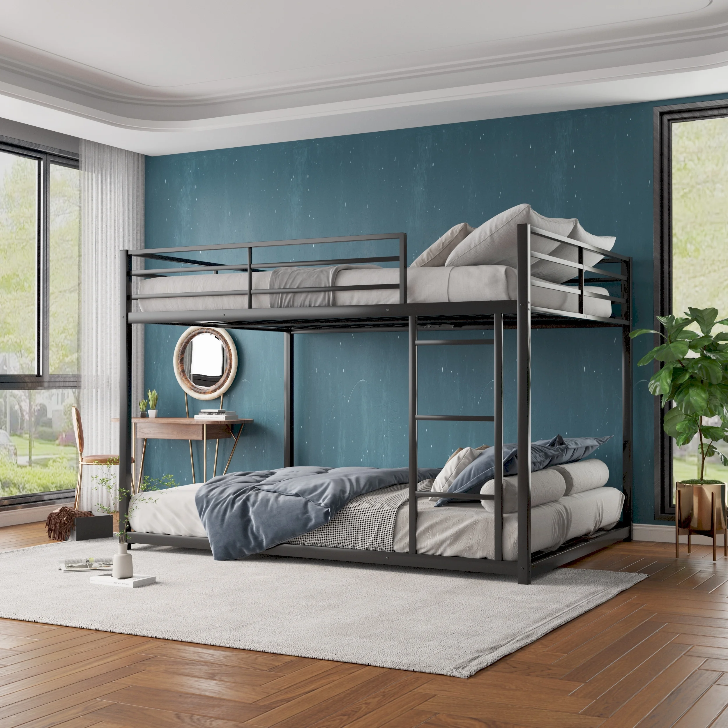 Full over Full Metal Bunk Bed with Ladder Black