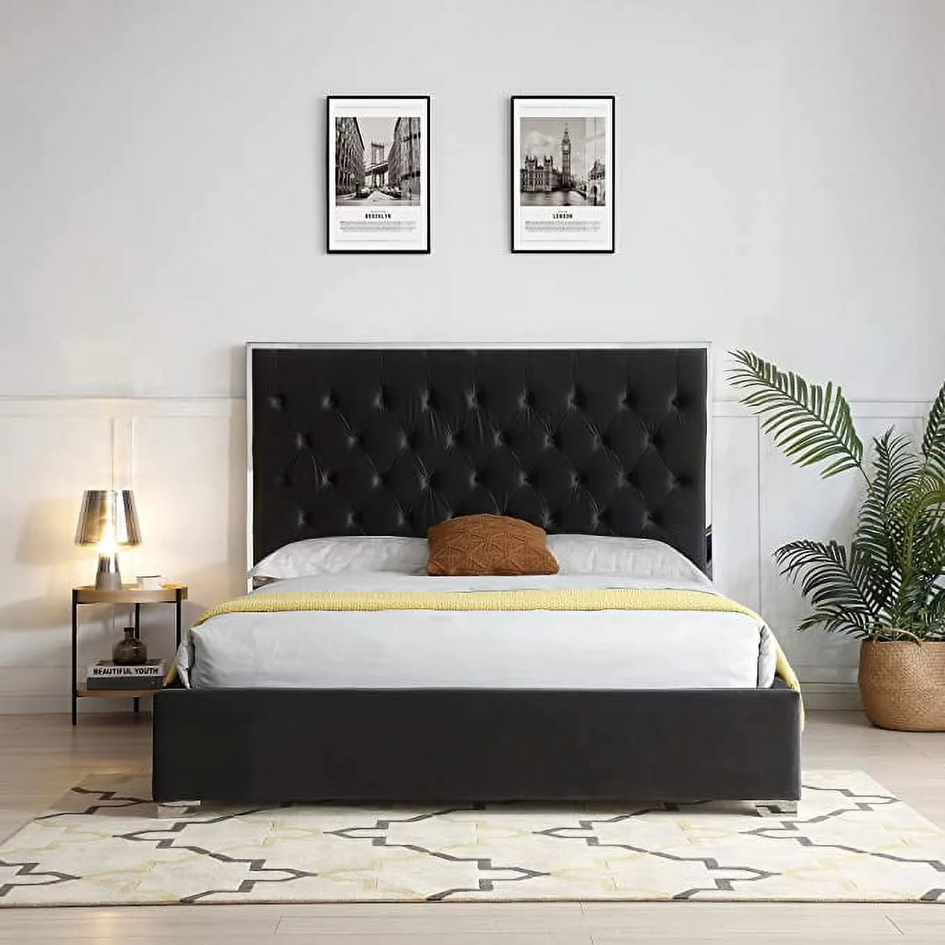 Sophia Velvet Queen Bed with Silver Metal Frame