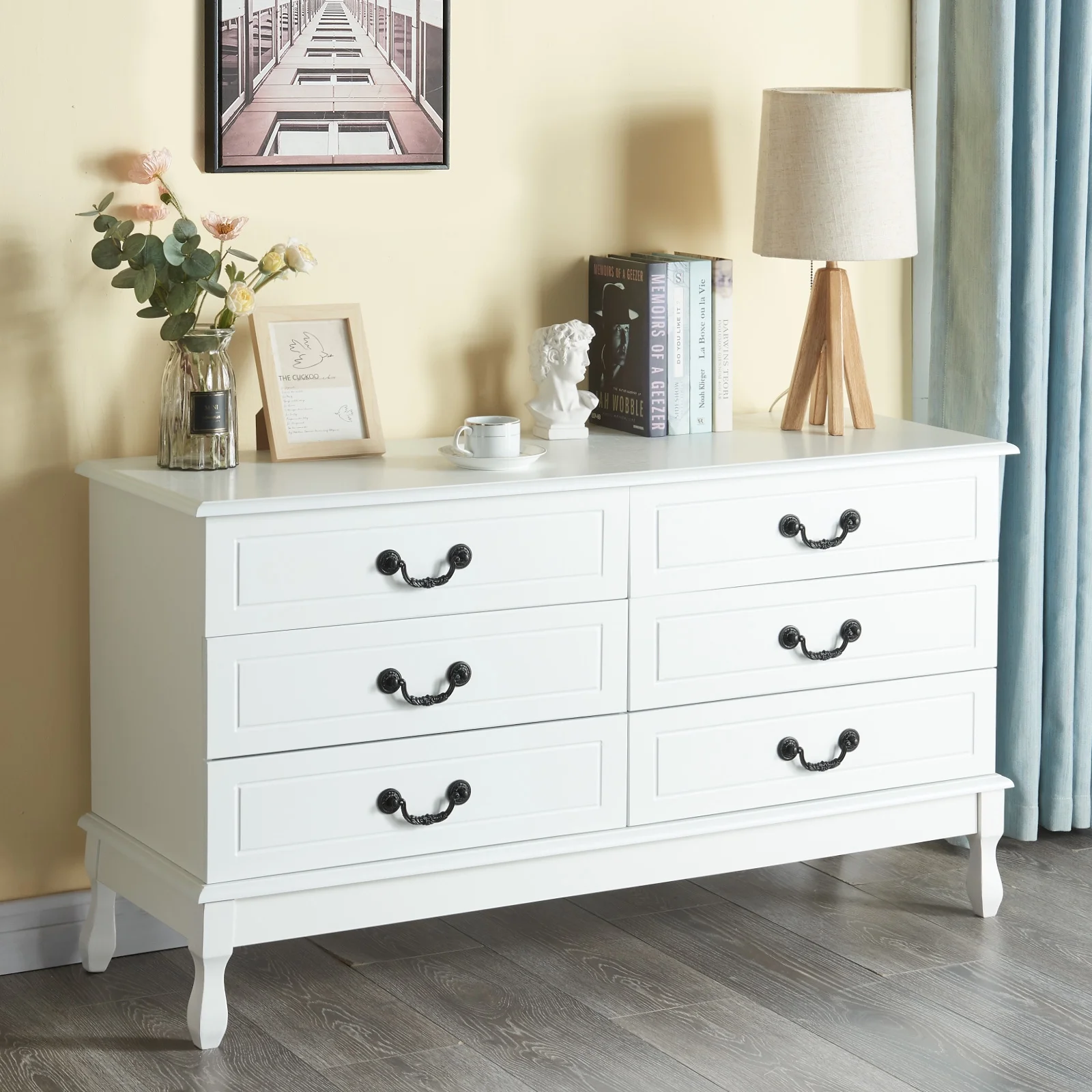 Jarbalai 6 Drawer Double Dresser, Modern Farmhouse Chest of Drawers, Wide Dressers Organizer, Wood Storage Cabinet for Living Room, Hallway, White