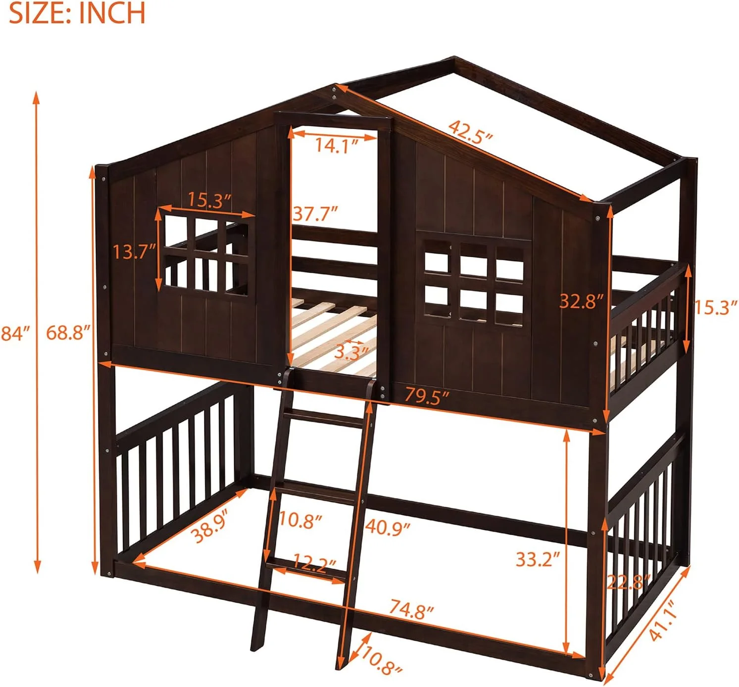 House Bunk Beds Over Low Bunk Beds Wood Playhouse Loft Bed Frame For Kids Boys Girls Teens, Espresso