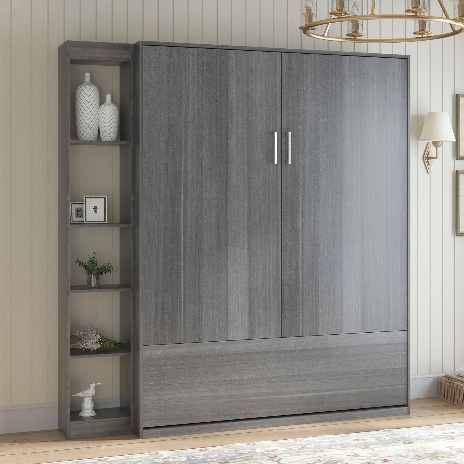 MUZZ Foldable Murphy Bed with 1 Side Cabinet, Folding Wall Bed with Space Saving Design, Fold up Murphy Bed Cabinet for Storage, Multipurpose Cabinet Bed for Bedroom/Apartment (Style5+1,Dark Grey)