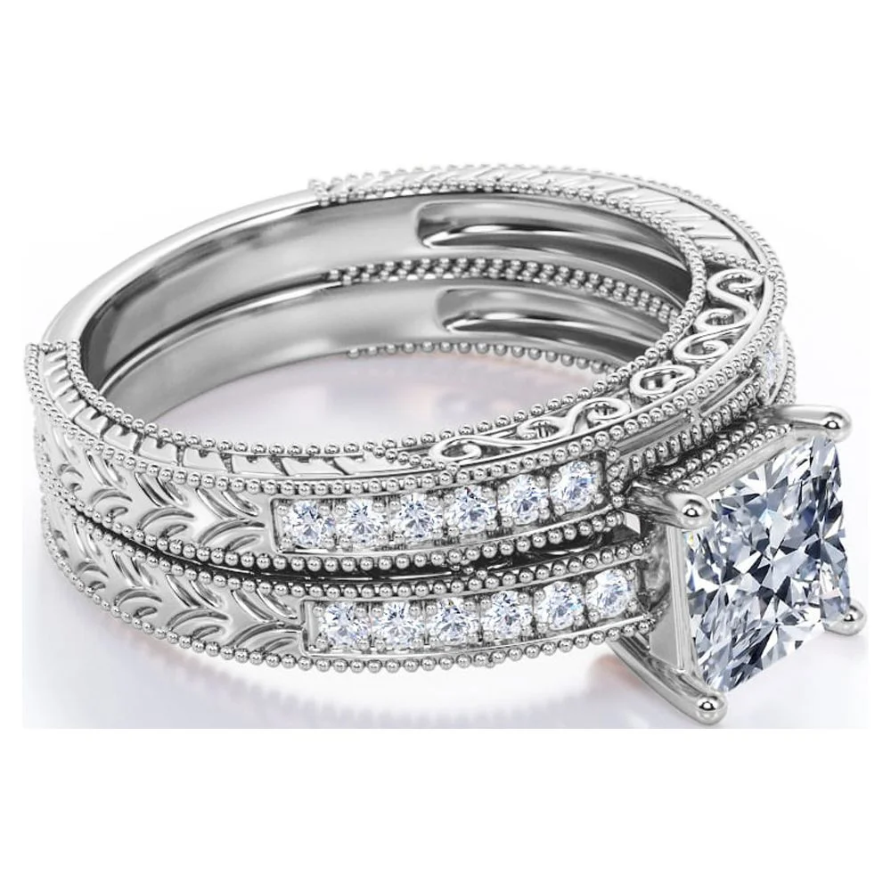JeenMata Princess Cut Real Diamond Bridal Set in 10k White Gold