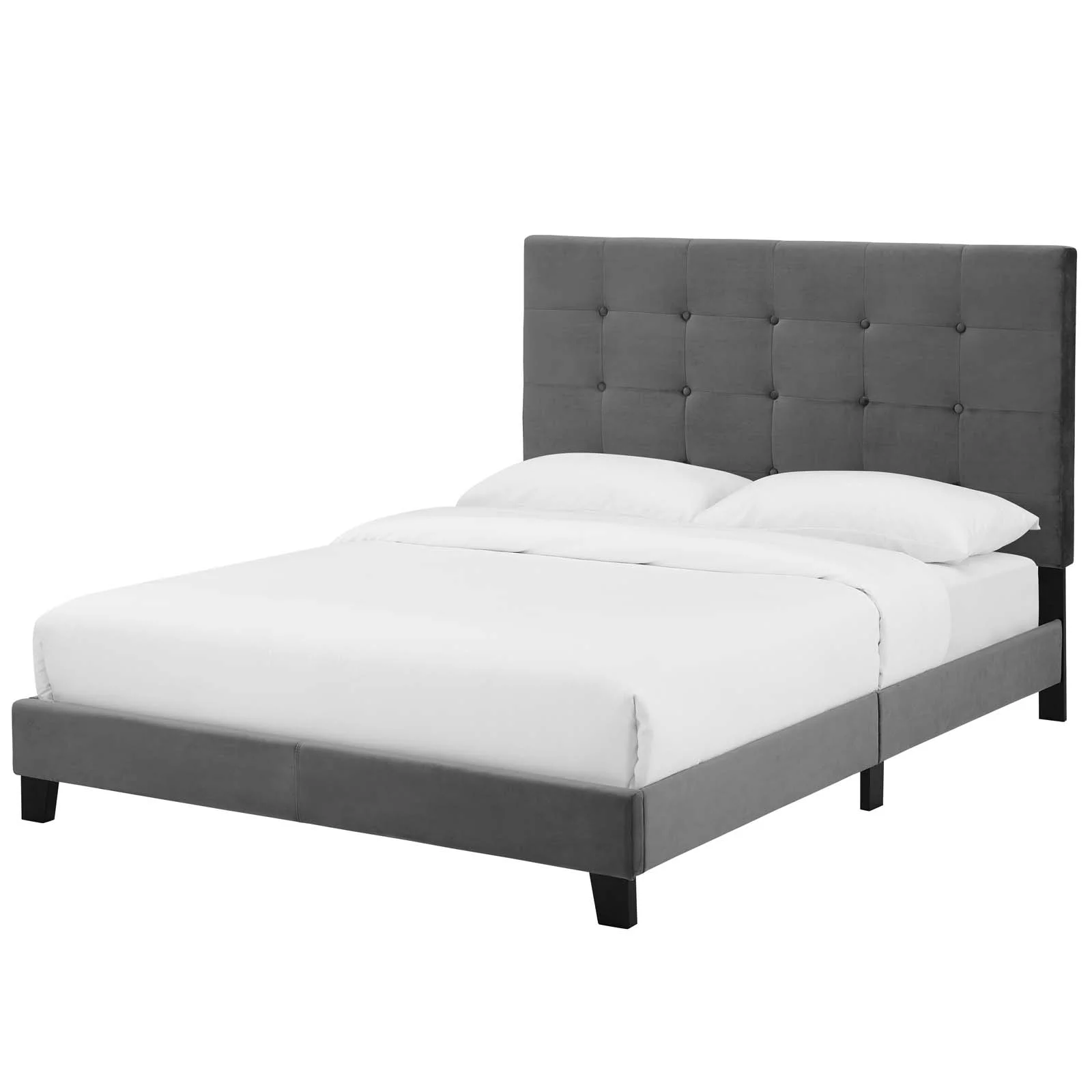 Contemporary Modern Urban Designer Bedroom Full Size Platform Bed Frame, Velvet Fabric, Grey Gray