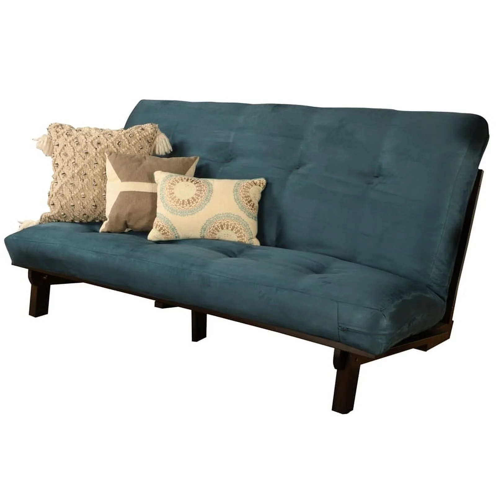 Bowery Hill Wood Futon in Java Brown Finish with Suede Blue Mattress