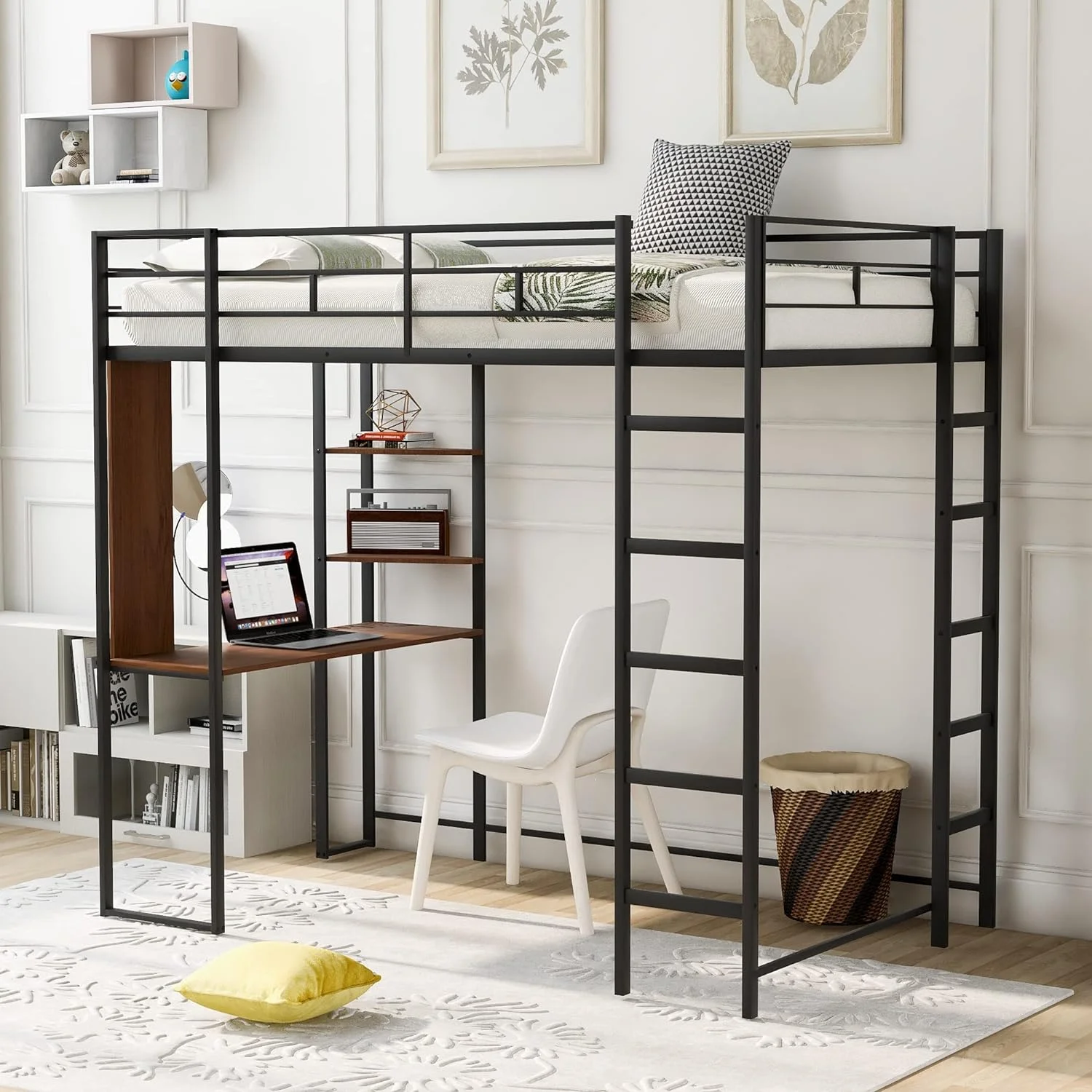 Loft Bed With Desk, Metal Size Loft Bed Frame With 2 Shelves, Bedroom Furniture, Black